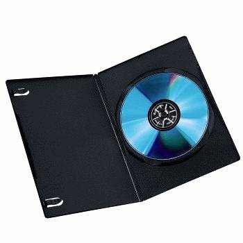 Offenes schwarzes CD-Gehäuse mit einer blauen reflektierenden Disc im Inneren auf weißem Hintergrund.