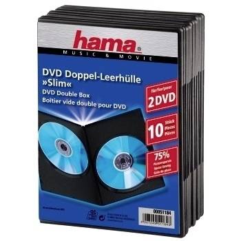 Paket mit 10 Hama schlanken Doppel-DVD-Hüllen, gezeigt in Einzelhandelsverpackung mit Etiketten „2 DVDs