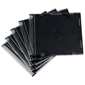 Stapel leerer schwarzer CD-/DVD-Jewel-Cases, fächerförmig auf weißem Hintergrund angeordnet.