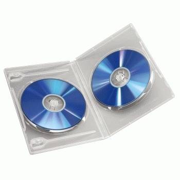 Zwei blaue optische Discs in einer transparenten Kunststoff-Aufbewahrungsbox auf weißem Hintergrund.