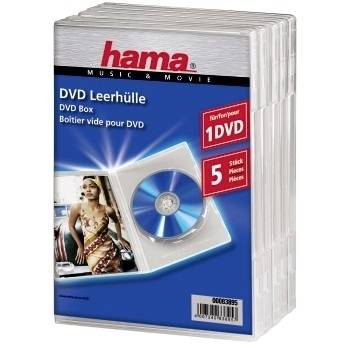 Packung mit fünf weißen Hama-DVD-Hüllen, gezeigt in Einzelhandelsverpackung mit der Bezeichnung „DVD Leerhülle