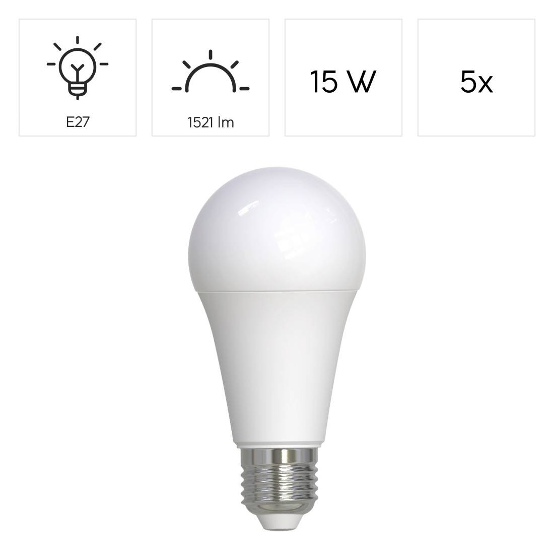 Weiße LED-Glühbirne mit E27-Sockel, 15 W, 1521 lm, im 5er-Pack erhältlich.