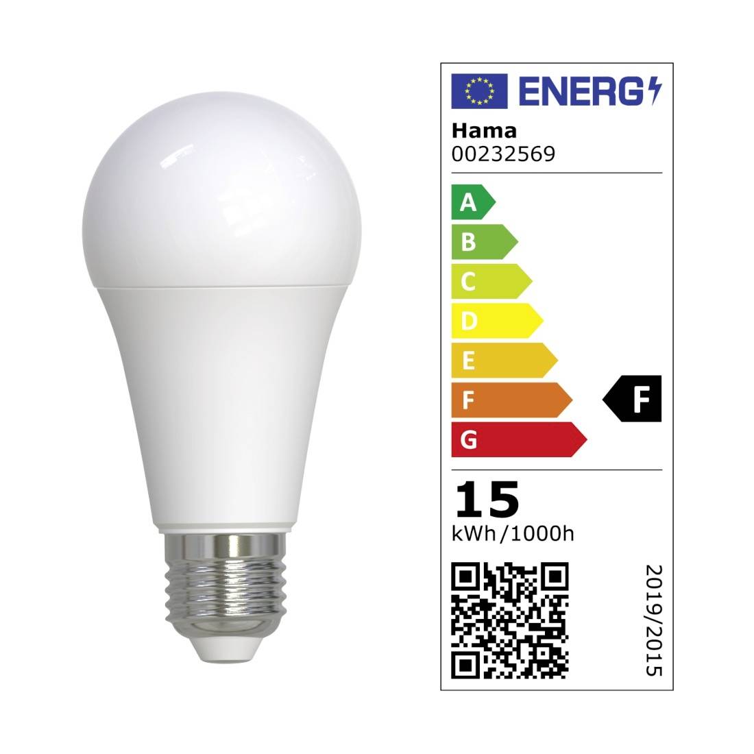 LED-Glühbirne mit EU-Energielabel Kategorie F, mit einer Angabe von 15 kWh/1000h und Marke Hama.