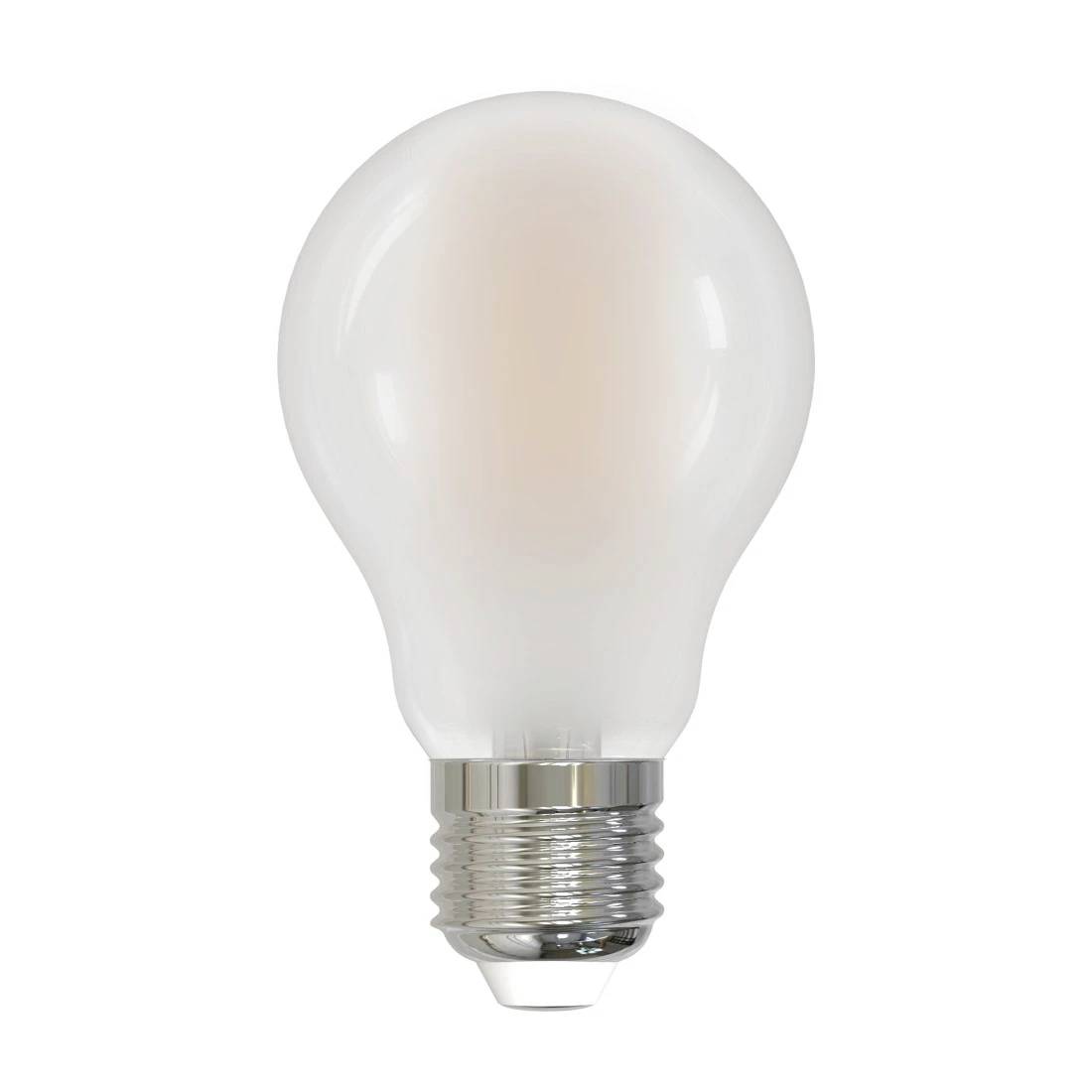 Eine mattierte LED-Glühbirne mit standardmäßiger Schraubfassung auf weißem Hintergrund.