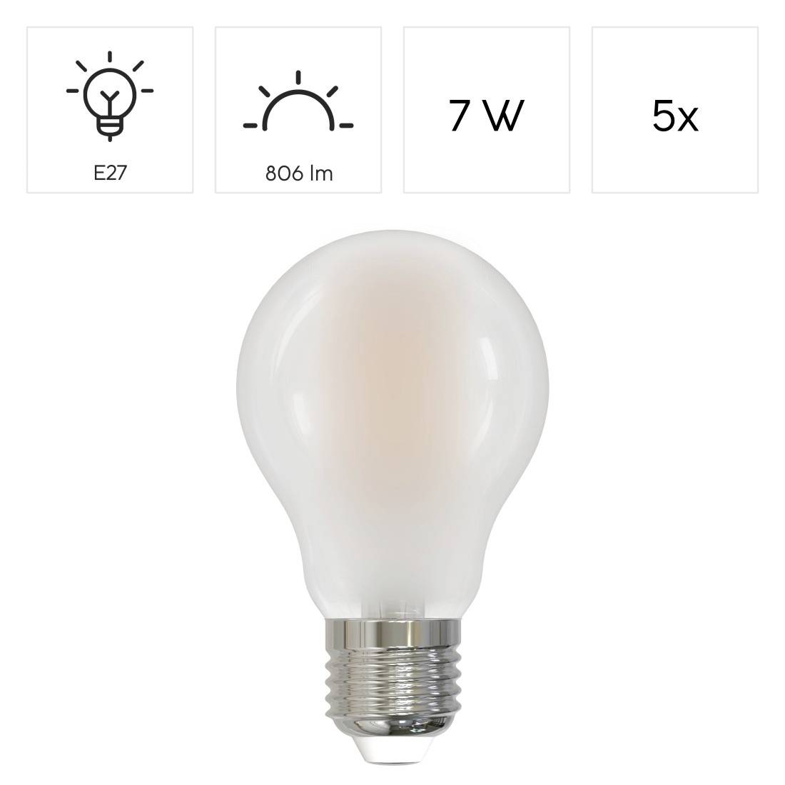 LED-Glühbirne mit E27-Fassung, 7 W, 806 lm, 5er-Pack.