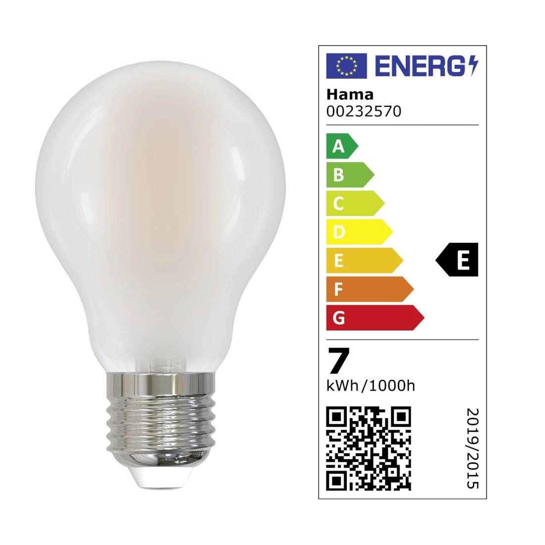 Eine mattierte LED-Glühbirne neben einem EU-Energielabel mit dem Hama-Modell 00232570, Effizienzklasse E, 7 kWh/1000h.