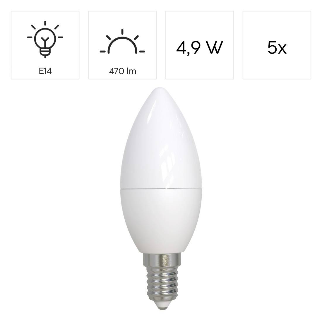 Weiße E14 LED-Kerzenlampe, 4,9 W, 470 lm, 5er-Pack.
