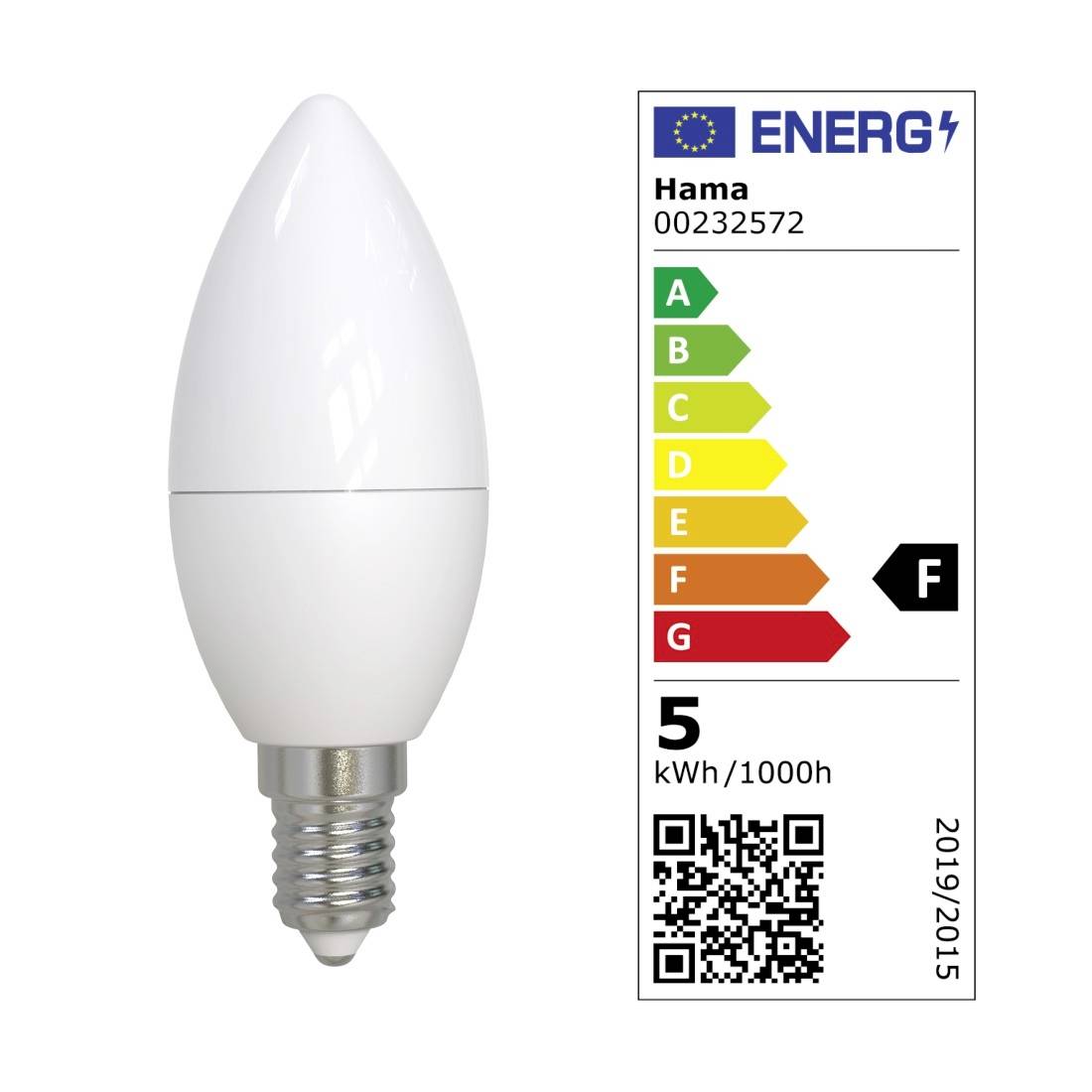 Weiße kerzenförmige LED-Glühbirne neben EU-Energielabel mit Hama-Modell 00232572, Energieklasse F, 5 kWh/1000h.