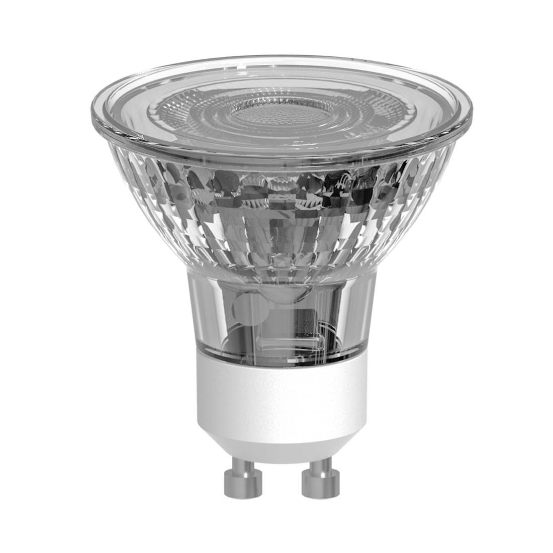 Eine klare Halogen-Spotleuchte mit einer Reflektorlinse und zwei Metallstiften, auf weißem Hintergrund dargestellt.