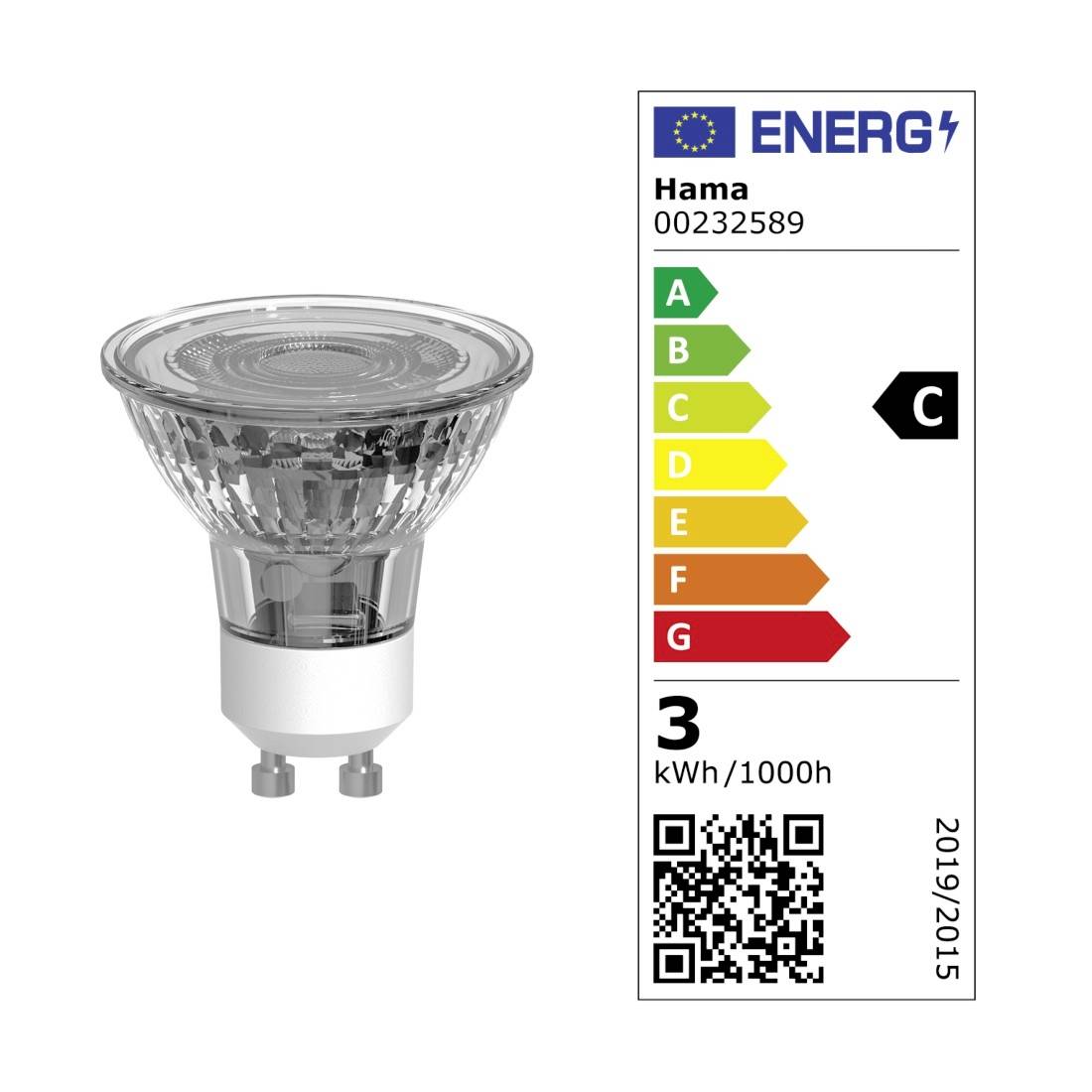 LED-Spotlightlampe mit EU-Energielabel, die die Energieeffizienzklasse C und einen Energieverbrauch von 3 kWh/1000h zeigt.