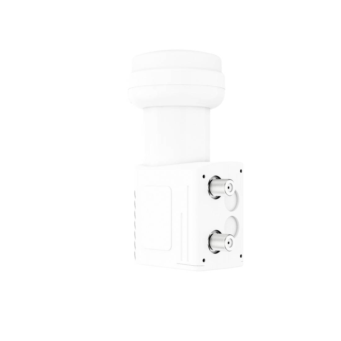 Weißer zylindrischer Industrie-Sensor oder -Ventil mit zwei Metall-Schlauchverbindungen auf einem einfachen weißen Hintergrund.