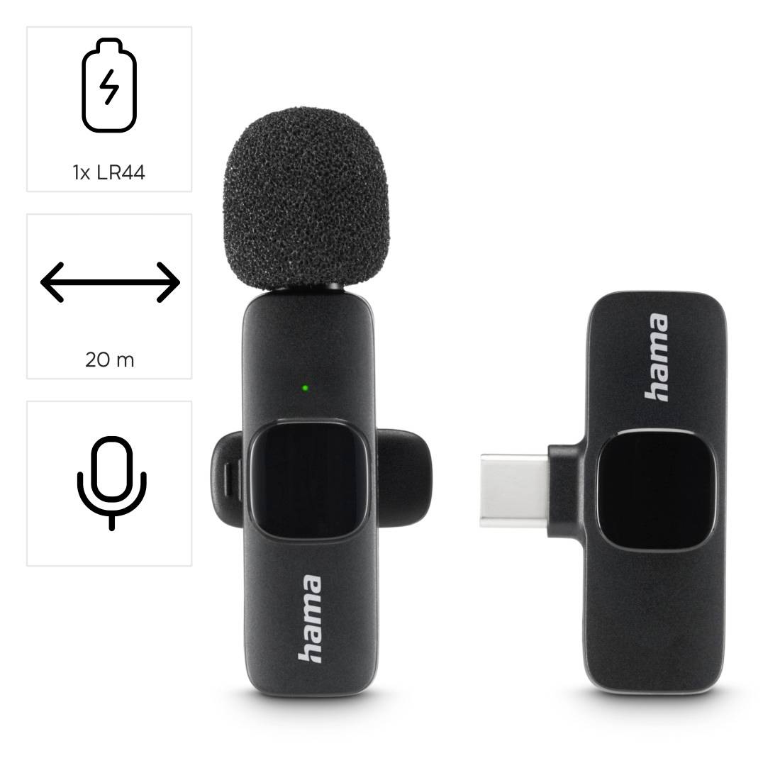 Hama kabelloses Clip-Mikrofon-Set mit Schaumstoff-Windschutz und USB-C-Empfänger; Symbole zeigen LR44-Batteriebetrieb und 20-m-Reichweite.