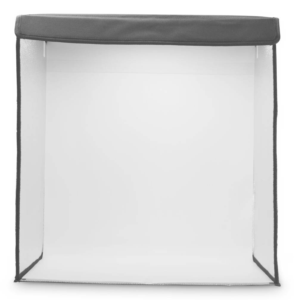 Leeres weißes klappbares Lightbox-Fotostudio-Zelt mit schwarzem Rand und offener Vorderseite.