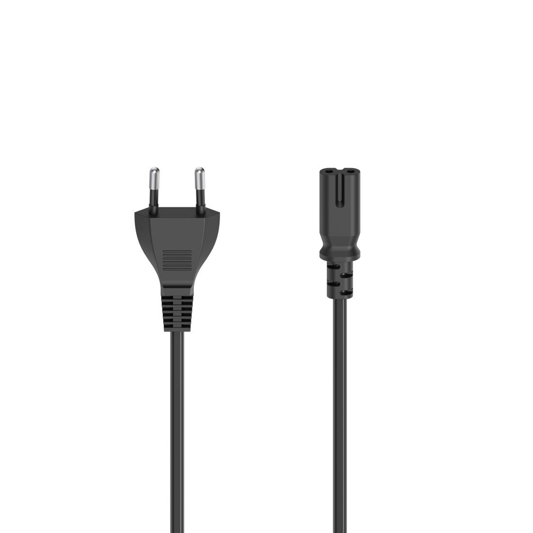 Schwarzes Stromkabel mit europäischem zweipoligem Stecker an einem Ende und einem zweilöchrigen Geräteanschluss am anderen Ende, gezeigt auf weißem Hintergrund.