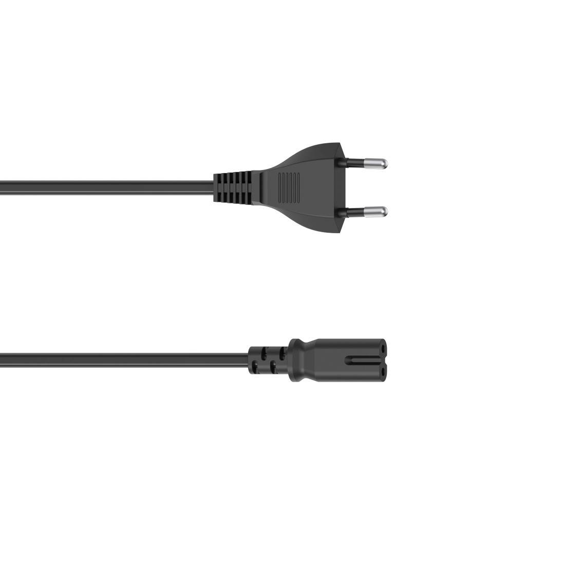 Zwei schwarze Stromkabel auf weißem Hintergrund gezeigt: oben mit einem zweipoligen europäischen Stecker, unten mit einem zweilöchrigen Achter-Stecker.
