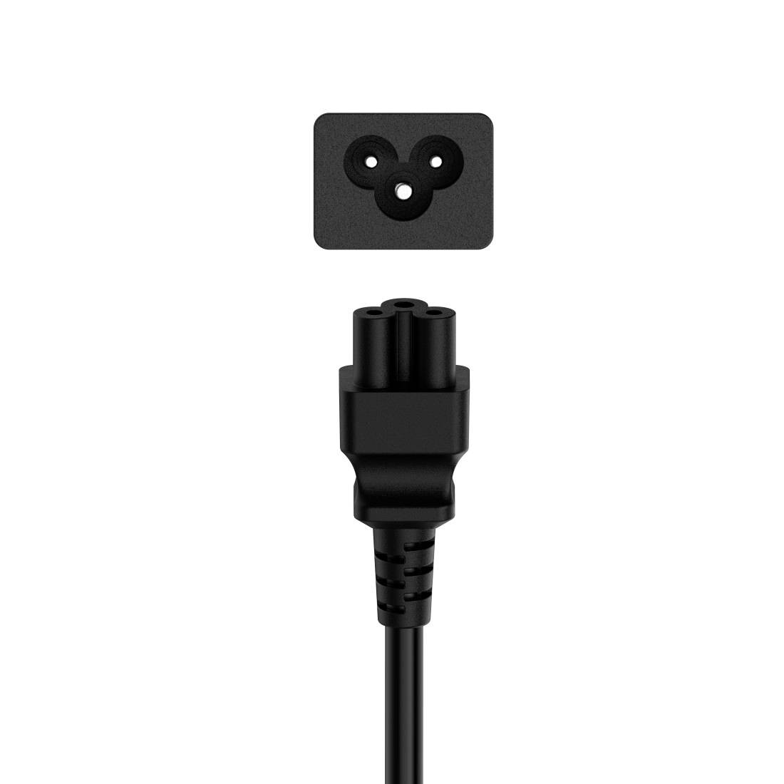 Schwarzes Stromkabel mit dreilöchrigem Stecker und passendem Sockel darüber auf weißem Hintergrund gezeigt.