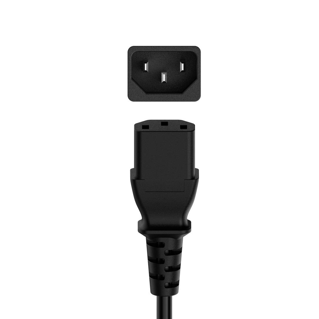 Schwarzer IEC-Stromverbinderstecker mit drei rechteckigen Schlitzen, Frontansicht auf weißem Hintergrund.