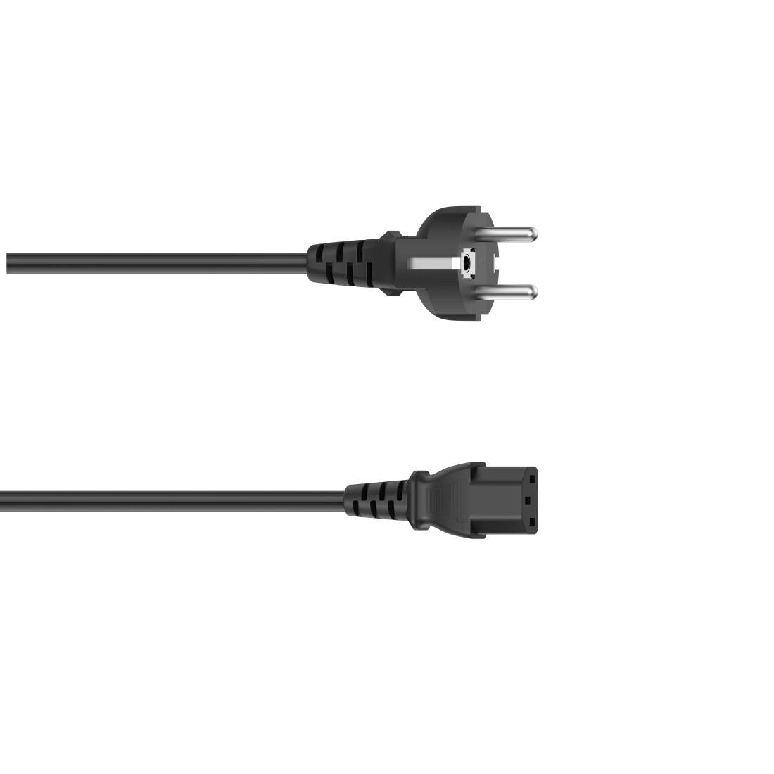 Zwei schwarze Stromkabel nebeneinander gezeigt, eines mit einem europäischen Zweipolstecker und eines mit einem dreipoligen IEC-Stecker.