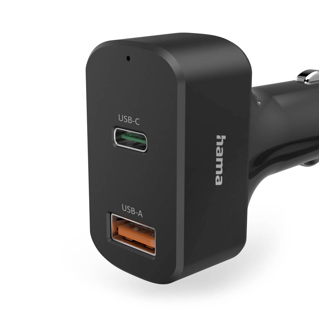 Schwarzes Hama-Autoladeberäte mit zwei Anschlüssen, USB-C und USB-A, auf weißem Hintergrund gezeigt.