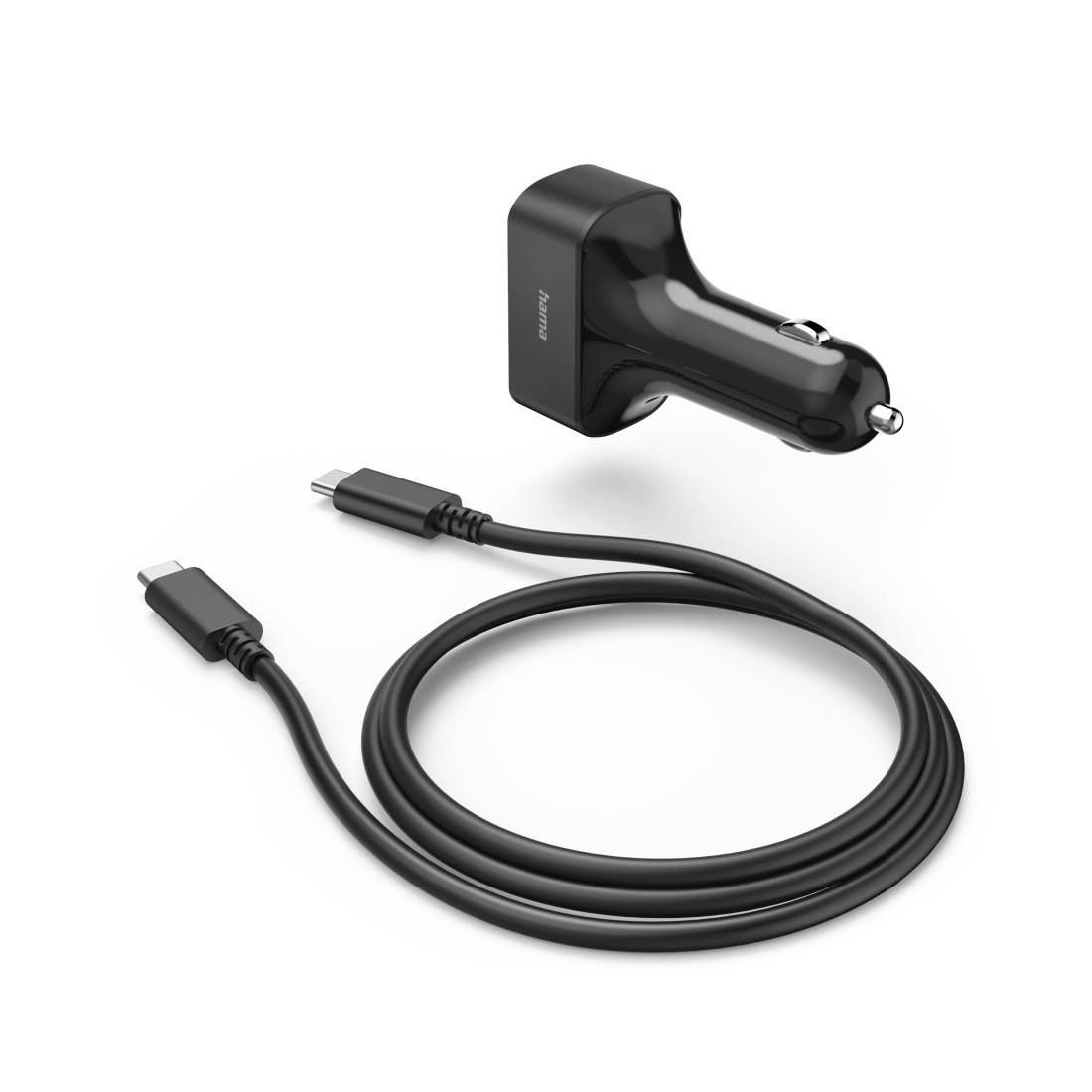 Schwarzes Auto-Ladegerät mit USB-C-Kabel auf weißem Hintergrund.