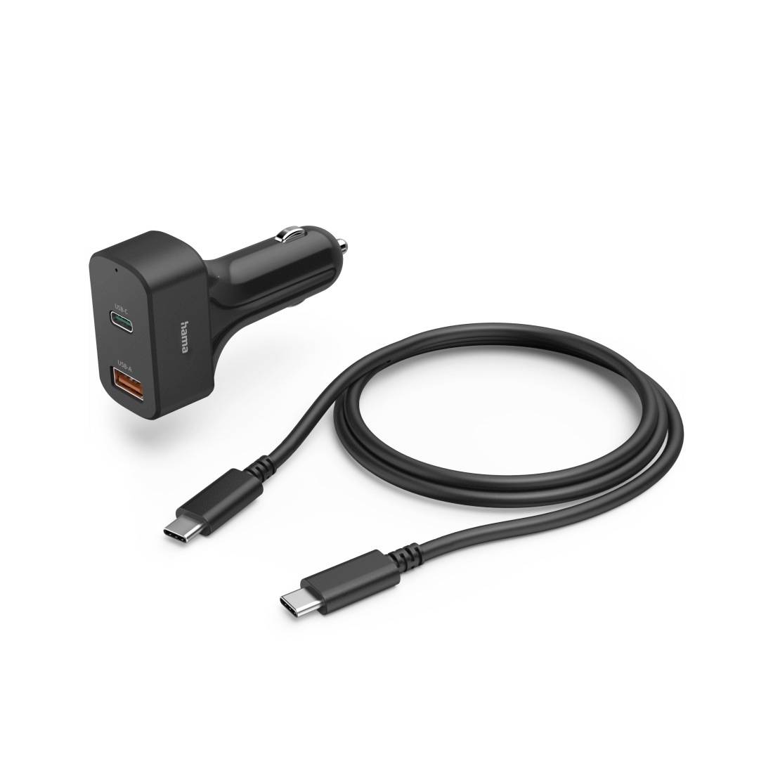 USB-C-Autolader mit zwei Ausgangsbuchsen und einem USB-C-Ladekabel auf weißem Hintergrund.