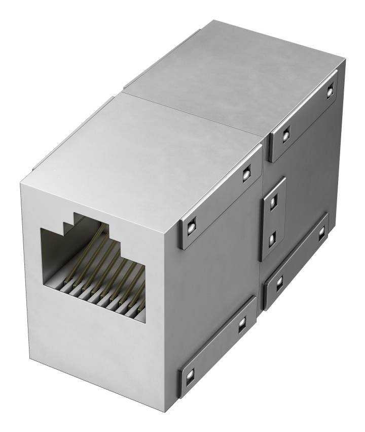 Metallisches Ethernet-RJ45-Netzwerkportmodul in 3D dargestellt, mit einer achtpoligen Steckerbuchse an einem Ende.