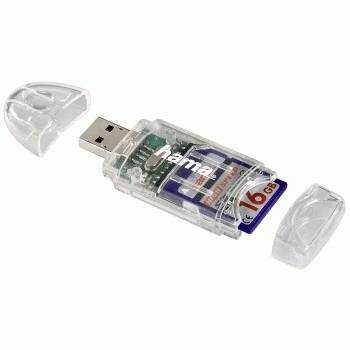 USB-Stick mit 16-GB-Speicherkarte im Inneren, Schutzkappen entfernt, auf weißem Hintergrund gezeigt.