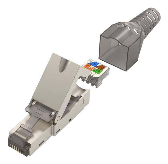 Eine Explosionszeichnung eines Ethernet-RJ45-Steckers und seines Metallverbindungsgehäuses, die den Kabelstiefel, die Verriegelung und die Drahtpositionsbeschriftungen zeigt.