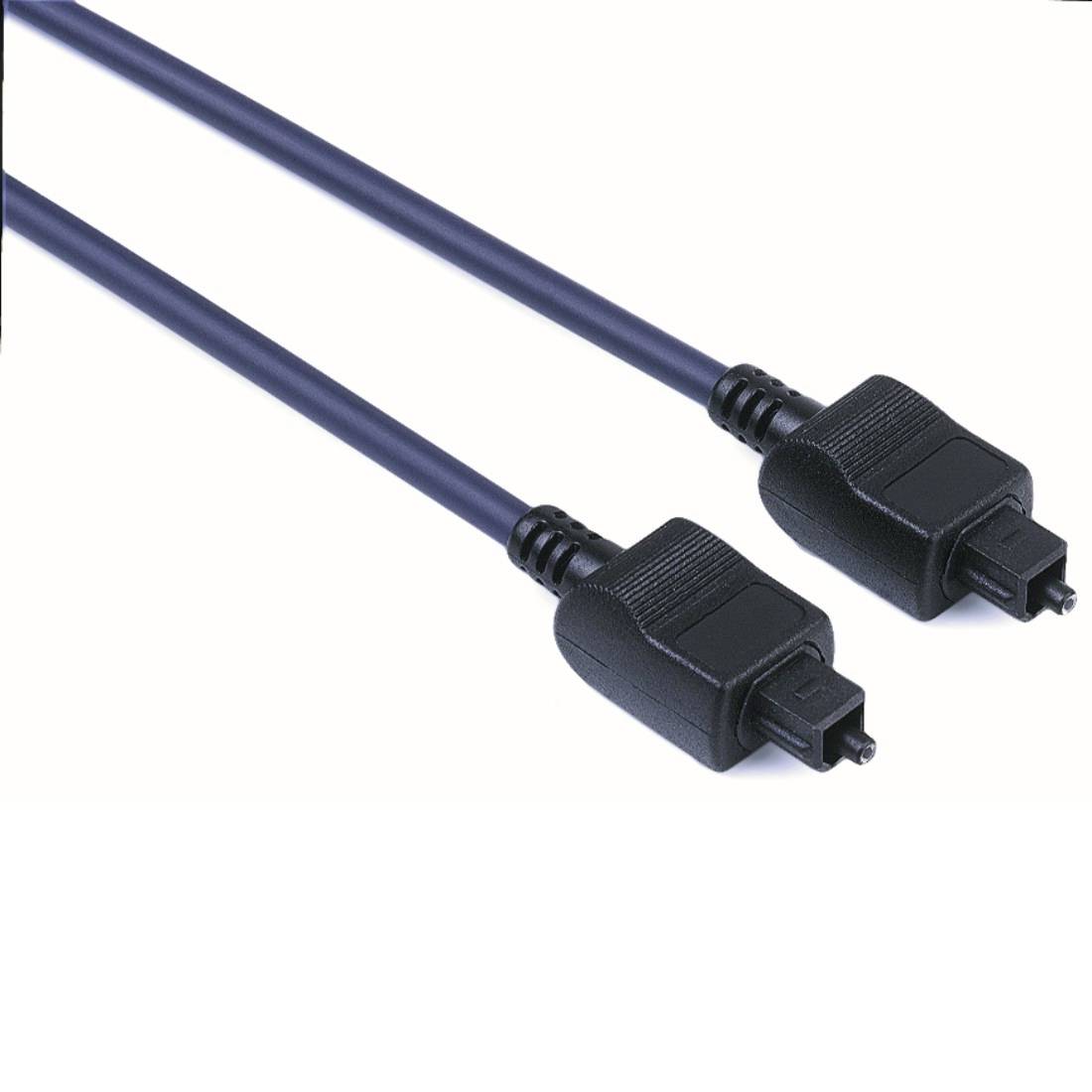 Zwei blaue optische Audiokabel mit schwarzen Steckern auf weißem Hintergrund.