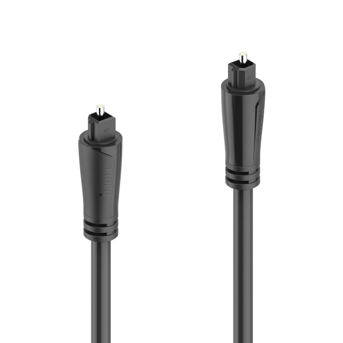Zwei schwarze optische Audiokabel mit quadratischen Steckern nebeneinander auf weißem Hintergrund dargestellt.