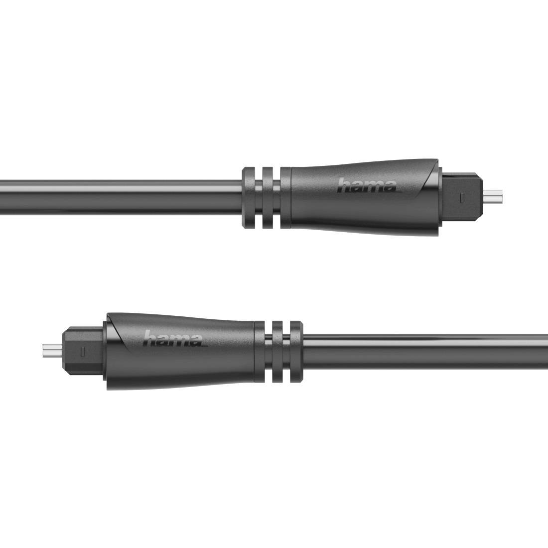Zwei schwarze Hama-Audiokabel, horizontal auf weißem Hintergrund angeordnet, jeweils mit einem Steckeranschluss und sichtbarem Branding.