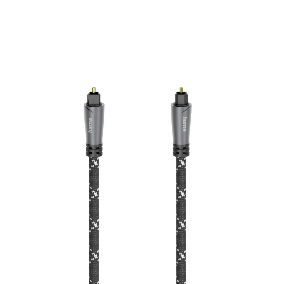 Zwei optische Audiokabel mit schwarzen geflochtenen Umhüllungen und passenden Steckverbindern, nebeneinander auf weißem Hintergrund dargestellt.