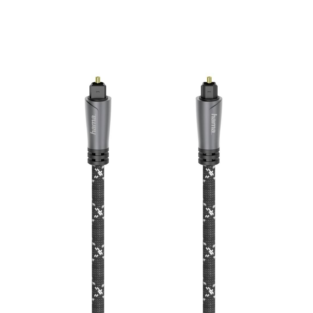 Zwei schwarze Hama optische Audiokabel mit quadratischen Toslink-Steckverbindern, nebeneinander auf weißem Hintergrund dargestellt.