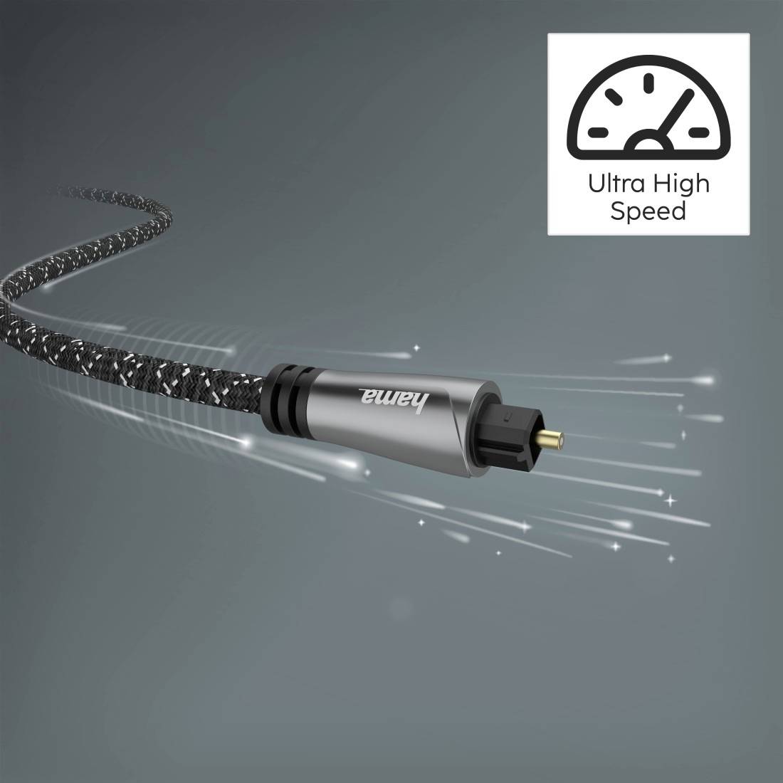 Werbebild eines geflochtenen Kabels mit Stecker, beschriftet mit „Ultra High Speed