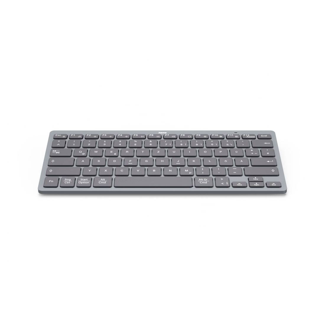 Kompakte graue kabellose Tastatur auf einfachem weißem Hintergrund.