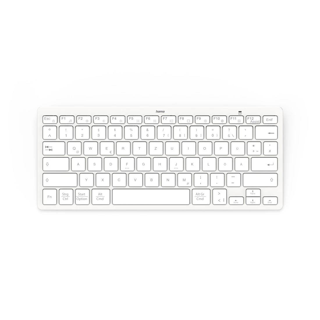 Kompakte weiße kabellose Tastatur mit flachen Tasten und französischem AZERTY-Layout auf neutralem Hintergrund.