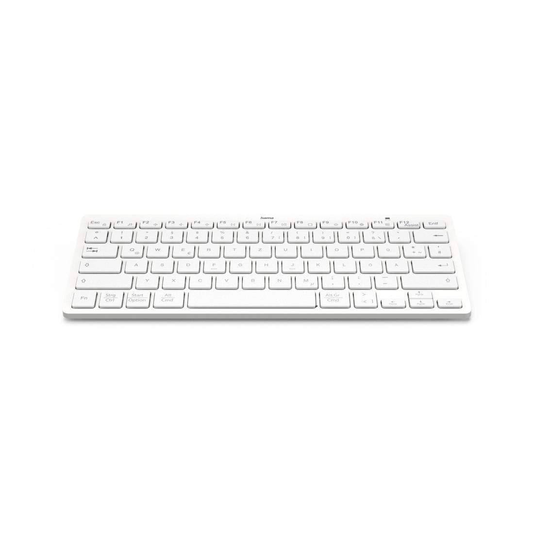 Weiße Computertastatur auf einfachem weißem Hintergrund.