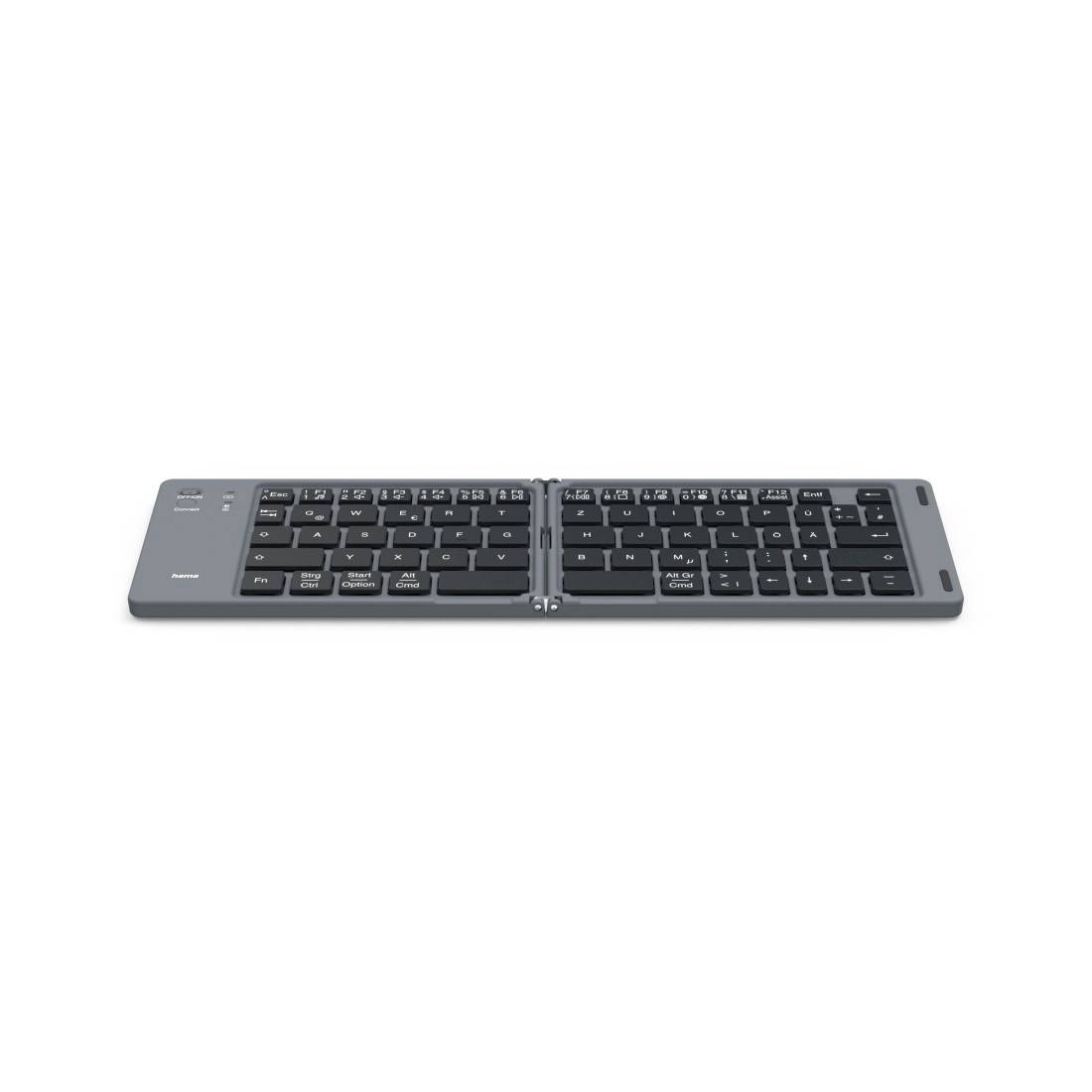 Geteilte ergonomische Bluetooth-Tastatur mit zwei verbundenen Hälften auf weißem Hintergrund.