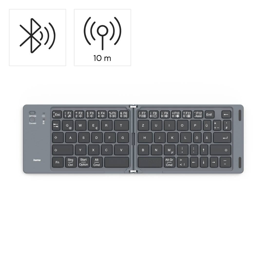 Faltbare kabellose Tastatur mit Bluetooth-Symbol und Bezeichnung für 10 m Reichweite über der Tastatur angezeigt.