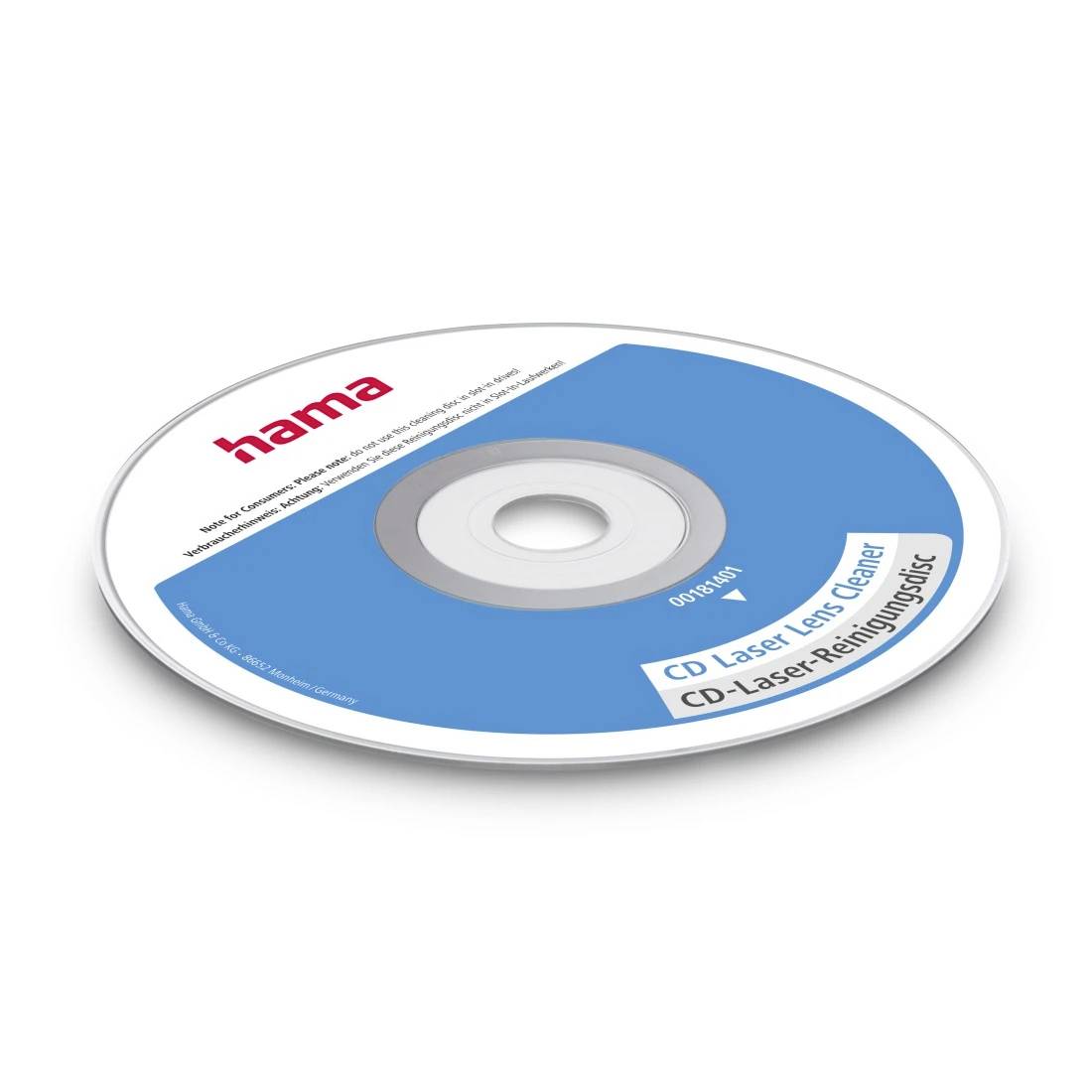 Blau-weiße Hama-CD-Laserobjektiv-Reinigungsdisc mit Zentrierring und Produktetikett auf einfachem Hintergrund.