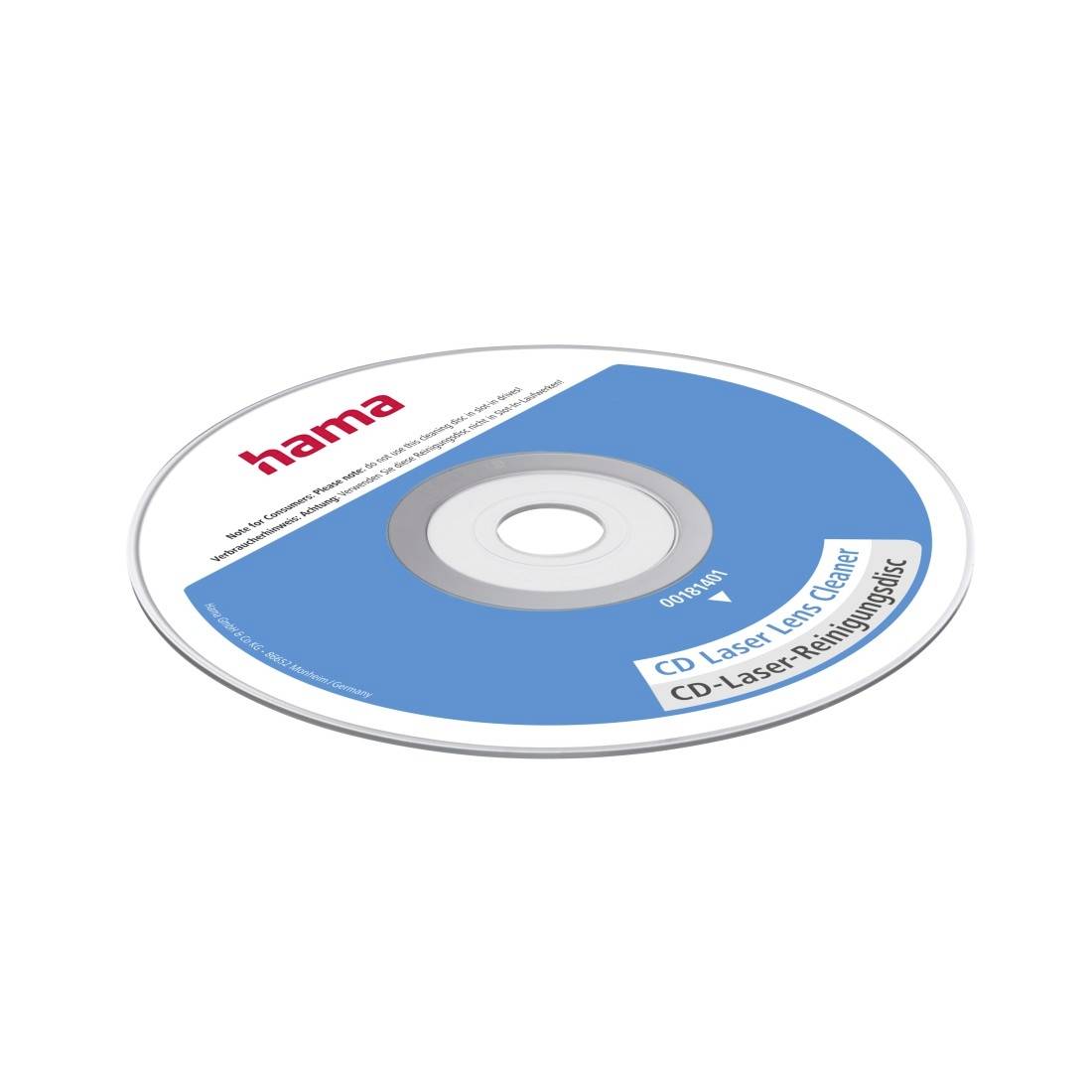 Eine CD-Laser-Objektivreinigungsdisc mit blauem und weißem Etikett, mit der Marke 