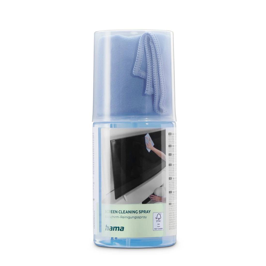Blauer Bildschirmreiniger-Sprühflasche mit Mikrofasertuch an der Kappe befestigt, gekennzeichnet mit „SCREEN CLEANING SPRAY