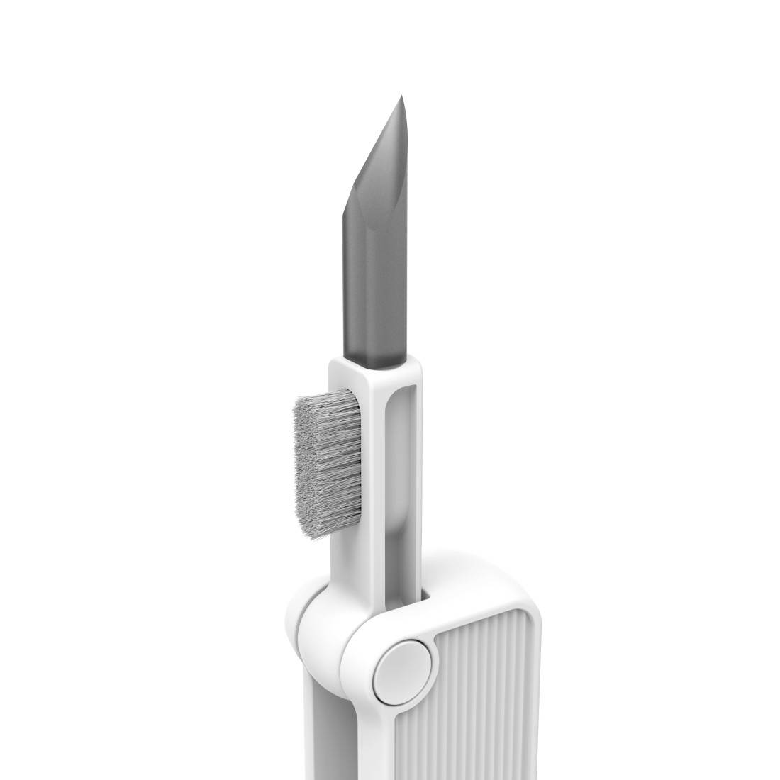 Ein silbernes Universalmesser mit freiliegender Klinge und Seitenbürste, aufrecht vor weißem Hintergrund dargestellt.