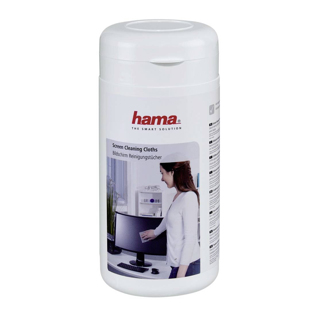 Flasche Hama Bildschirmreinigungstücher mit Etikett, auf dem eine Frau einen Monitor abwischt, und dem Text „Screen Cleaning Cloths