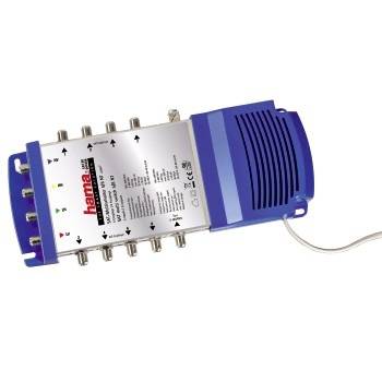 Blau-silberner Hama-Koaxial-TV-Antennensignalverstärker mit mehreren Kabelanschlüssen und einem Stromkabel auf weißem Hintergrund.