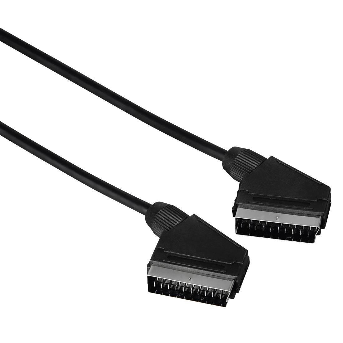 Zwei schwarze SCART-Steckverbinder-Kabelenden auf weißem Hintergrund.