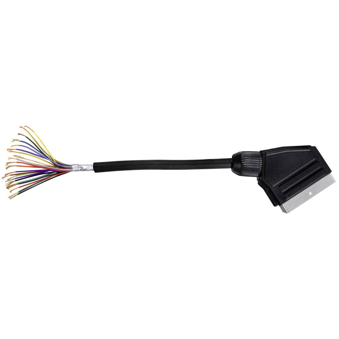 Schwarzes Kabel mit einer Schnittstelle und abisoliertem Ende, das viele farbige Drähte freilegt, und einem Winkelstecker am anderen Ende.
