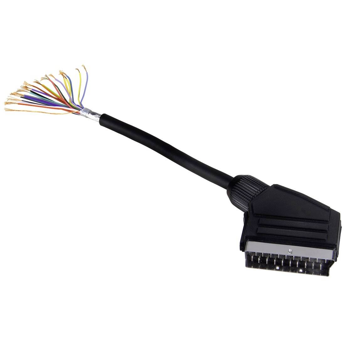 Schwarzes Kabel mit einem SCART-Anschluss an einem Ende und freiliegenden mehrfarbigen Drähten am anderen Ende, das einen durchtrennten oder abisolierten Kabelende zeigt.