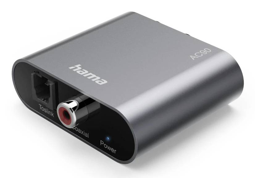 Hama AC90 Digital-Audio-Konverter mit Toslink- und Koaxialeingängen und einer Betriebsanzeigeleuchte.