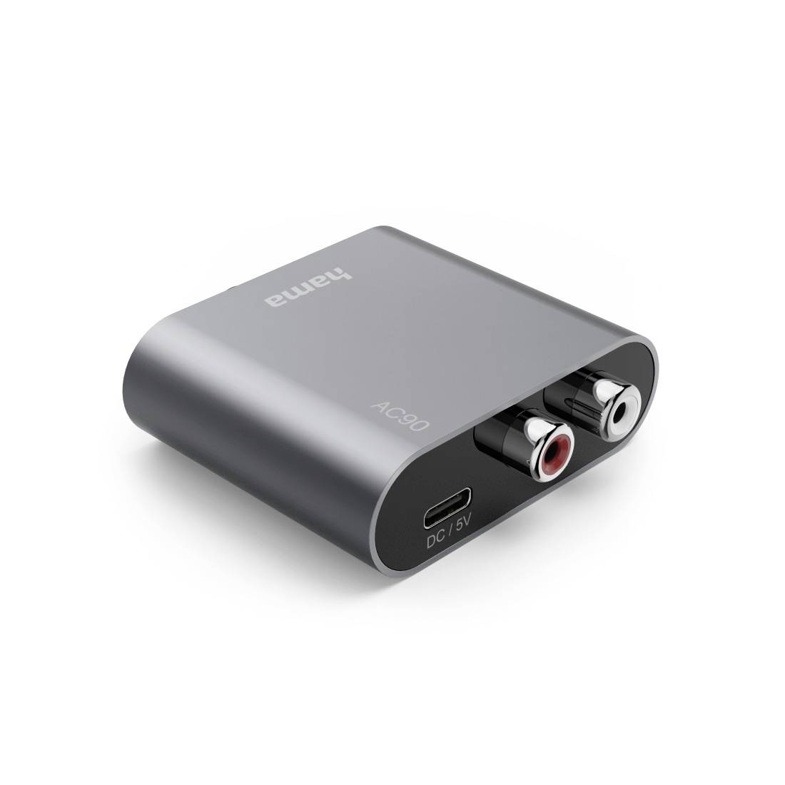Kompakter grauer Audio-Adapter mit USB-C-Stromanschluss und zwei RCA-Eingangs-/Ausgangsanschlüssen